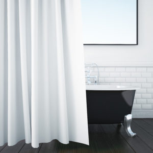 black and white bathroom with a tub and shower curtain