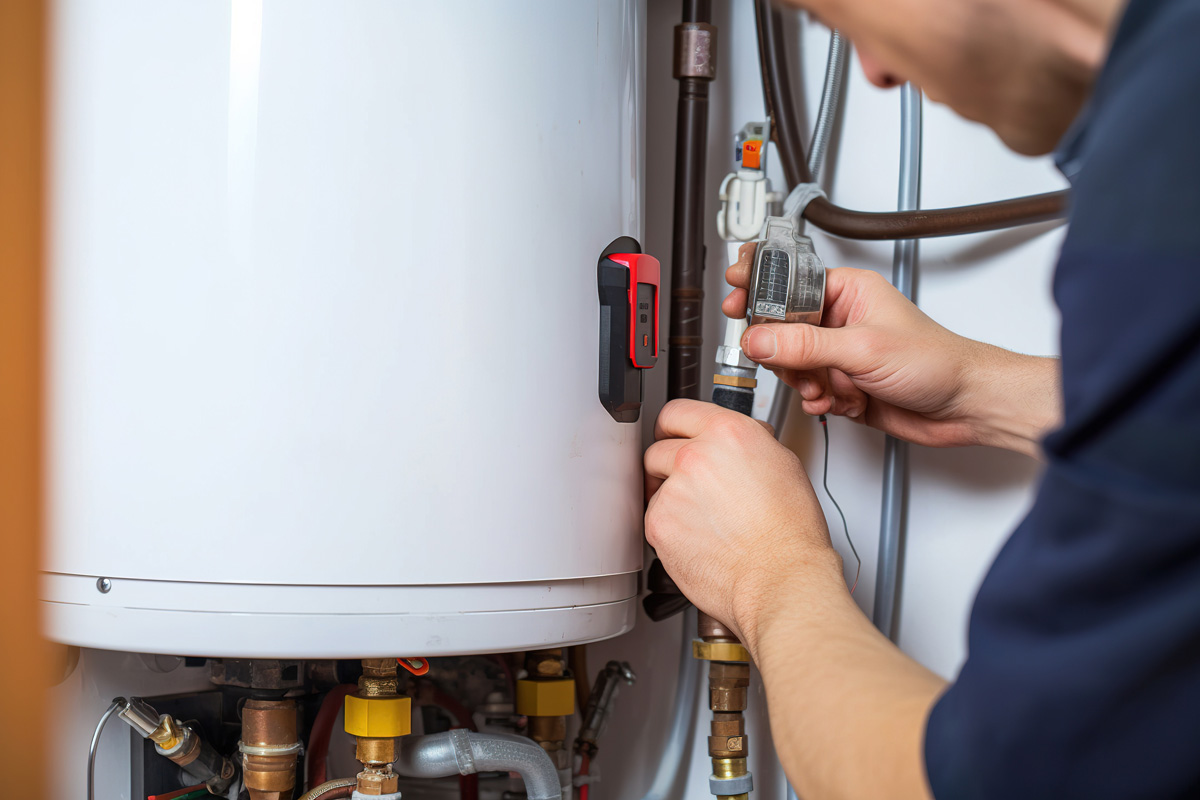 A person performing water heater repair services in El Paso.